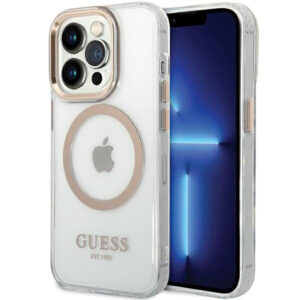 Guess Metal Outline MagSafe dėklas iPhone 15/14/13 6,1" – auksinis