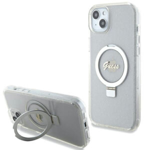 Guess MagSafe dėklas su žiedu iPhone 15/14 Plus – skaidrus