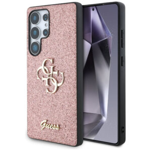 Guess Fixed Glitter Big 4G Metal Logo dėklas, skirtas Samsung Galaxy S25 Ultra, rožinis -- Samsung Galaxy S25 Ultra