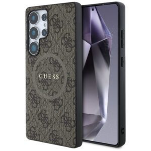 Guess Leather 4G Colored Ring Classic Logo MagSafe dėklas, skirtas Samsung Galaxy S25 Ultra, rudas -- Samsung Galaxy S25...