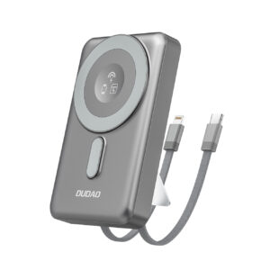 Dudao išorinė baterija K29 10000mAh PD 20W MagSafe su metaliniu korpusu, stovu ir integruotais USB-C/Lightning laidais - pilkas