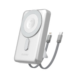 Dudao išorinė baterija K29 10000mAh PD 20W MagSafe su metaliniu korpusu, stovu ir integruotais USB-C/Lightning laidais - sidabrinis