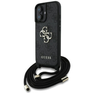 Guess 4G dėklas iPhone 16 – juodas su dirželiu