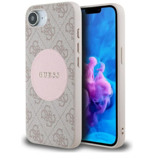 Guess MagSafe dėklas iPhone 16e – rožinis, eko oda