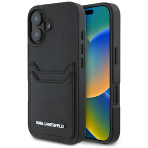 Karl Lagerfeld dėklas iPhone 16 – juodas, su kišenėlėmis