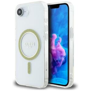 Guess MagSafe dėklas iPhone 16e – skaidrus, blizgus