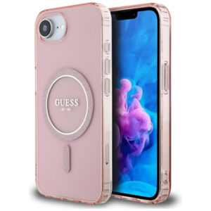 Guess MagSafe dėklas iPhone 16e – rožinis, blizgus žiedas