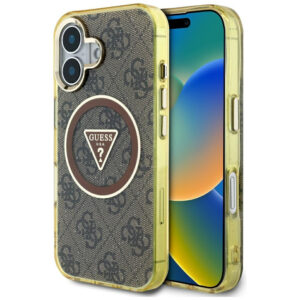 Guess blizgus MagSafe dėklas iPhone 16 – rudas