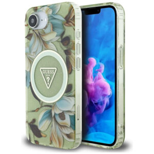 Guess MagSafe dėklas iPhone 16e – žalias, gėlių dizainas