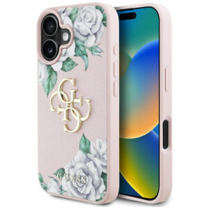 Guess Grained Roses 4G dėklas iPhone 16 – rožinis