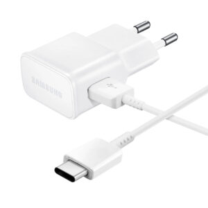Samsung EP-TA200EWE USB-A 15W sieninis įkroviklis su EP-DR140AWE USB-A - USB-C laidu (OOB Bulk - pakaitinė pakuotė) - baltas