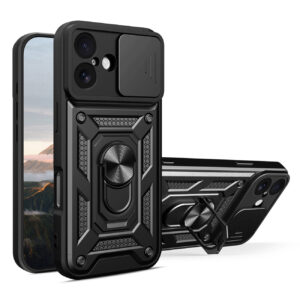 Hybrid Armor Camshield iPhone 17 dėklas su stovu ir fotoaparato dangteliu – juodas