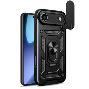 Šarvuotas dėklas iPhone 17 Air su stovu ir kameros dangteliu – juodas