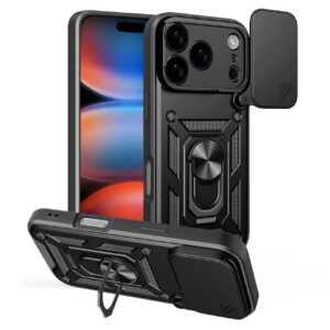 Hybrid Armor Camshield dėklas, skirtas iPhone 17 Pro Max su stovu ir fotoaparato dangteliu – juodas