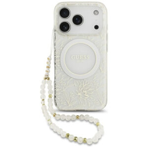 Guess IML Flowers Electro Pearl Strap MagSafe dėklas iPhone 17 Pro - Baltas -- iPhone 17 Pro