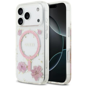 Guess Resin Flowers Glitter MagSafe dėklas, skirtas iPhone 17 Pro – Rožinis -- iPhone 17 Pro