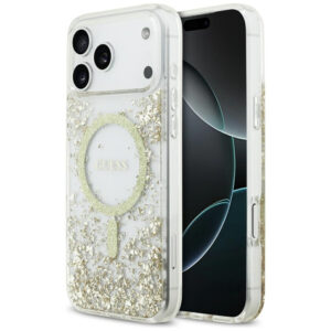 Guess Resin Bottom Glitter MagSafe dėklas iPhone 17 Pro Max - Auksinis -- iPhone 17 Pro Max