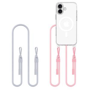 „Tech-Protect Flexair Chain MagSafe“ dėklas, skirtas „iPhone 16“ – skaidrus + 2 dirželiai (rožinė ir pilka) -- iPhone 16