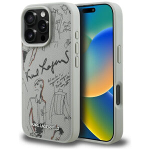 Karl Lagerfeld grūdėtas raštas ir logotipas MagSafe Dėklas, skirtas iPhone 16 Pro – pilkas