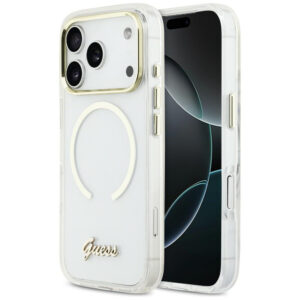 Guess IML Script Metal MagSafe Dėklas, skirtas iPhone 17 Pro Max - Clear