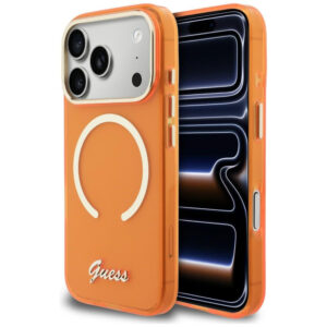 Guess IML Script Metal MagSafe Dėklas, skirtas iPhone 17 Pro - Orange