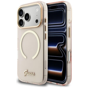 Guess IML Script Metal MagSafe Dėklas, skirtas iPhone 17 Pro – rožinis