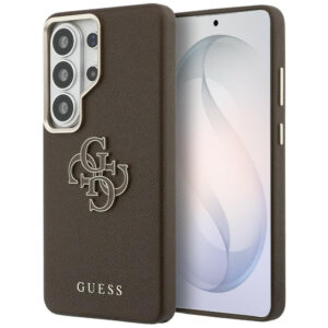 Guess Grained Big 4G Metalinis logotipo dėklas, skirtas Samsung Galaxy S26 Ultra – rudas