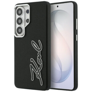 Karl Lagerfeld Grained Signature metalo dervos logotipo dėklas, skirtas Samsung Galaxy S26 Ultra - juodas