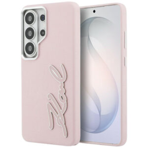 Karl Lagerfeld Grained Signature metalo dervos logotipo dėklas, skirtas Samsung Galaxy S26 Ultra – rožinis
