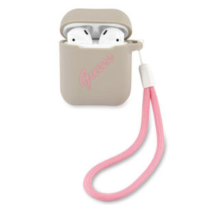 Guess silikoninis dėklas AirPods – pilkai rožinis