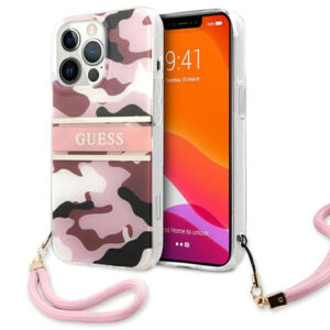 Guess kietas dėklas iPhone 13/13 Pro – rožinis, Camo su dirželiu