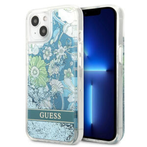 Guess dėklas iPhone 13 mini – žalias, gėlių blizgučiai