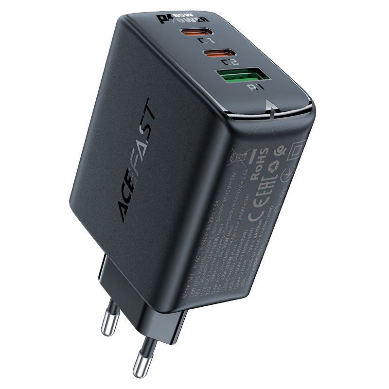 Acefast Greitas GaN įkroviklis (2xUSB-C / USB-A) PPS / PD / QC4+ 65W, juodas (A41)