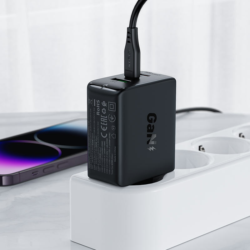 Acefast Greitas GaN įkroviklis (2xUSB-C / USB-A) PPS / PD / QC4+ 65W, juodas (A41)