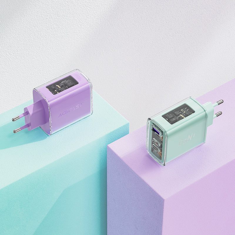 Acefast GaN įkroviklis 65W, 3 jungčių (1xUSB, 2xUSB C), rožinis (A45)