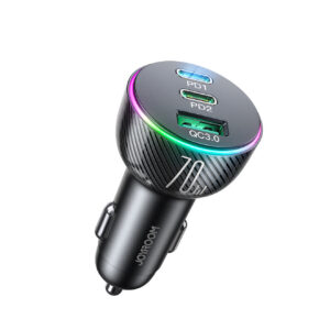 Joyroom Automobilinis įkroviklis 70W su 3 jungtimis: USB, 2 x USB C, juodas (JR-CL26)