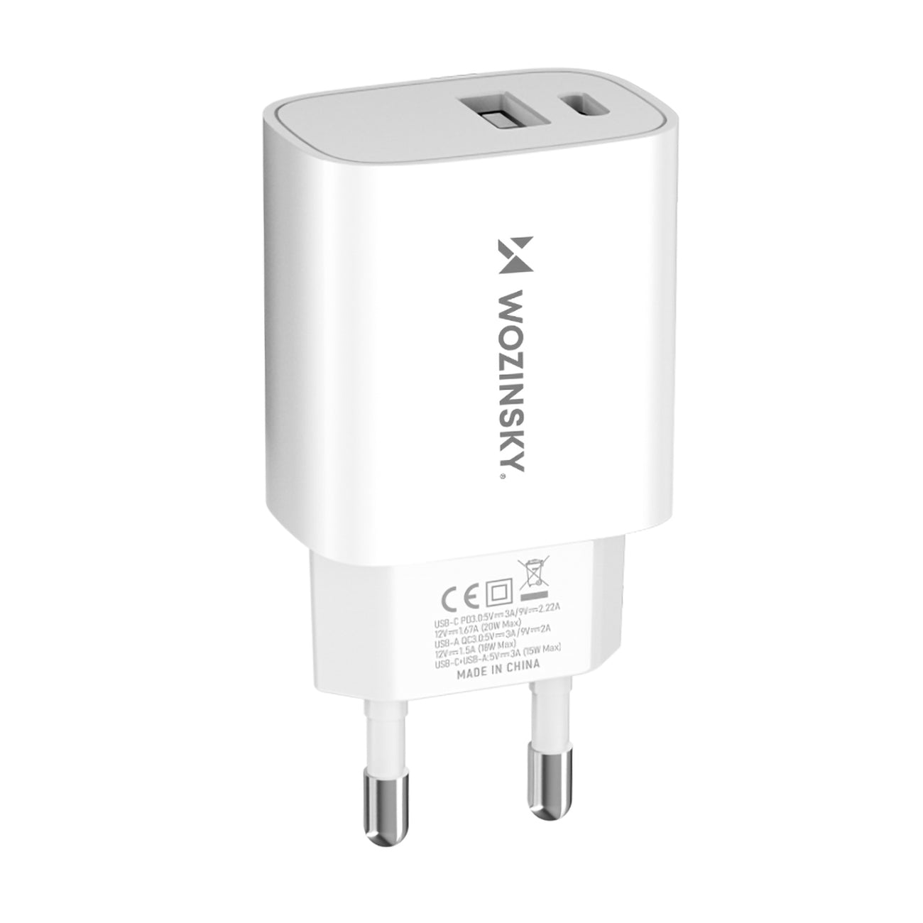Wozinsky WGWCW USB-A USB-C 20W sieninis įkroviklis, baltas