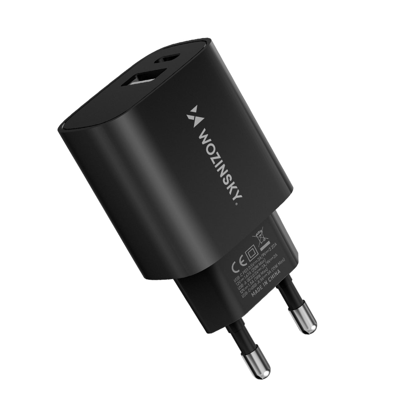 Wozinsky WGWCB USB-A USB-C 20W sieninis įkroviklis, juodas