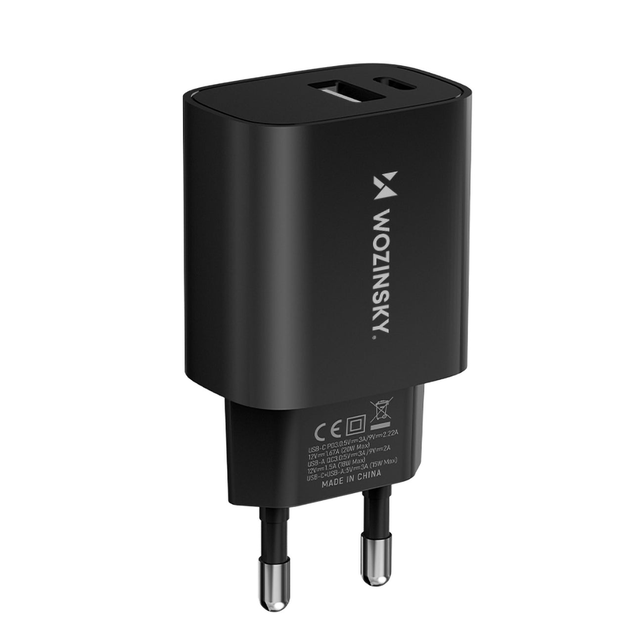 Wozinsky WGWCB USB-A USB-C 20W sieninis įkroviklis, juodas