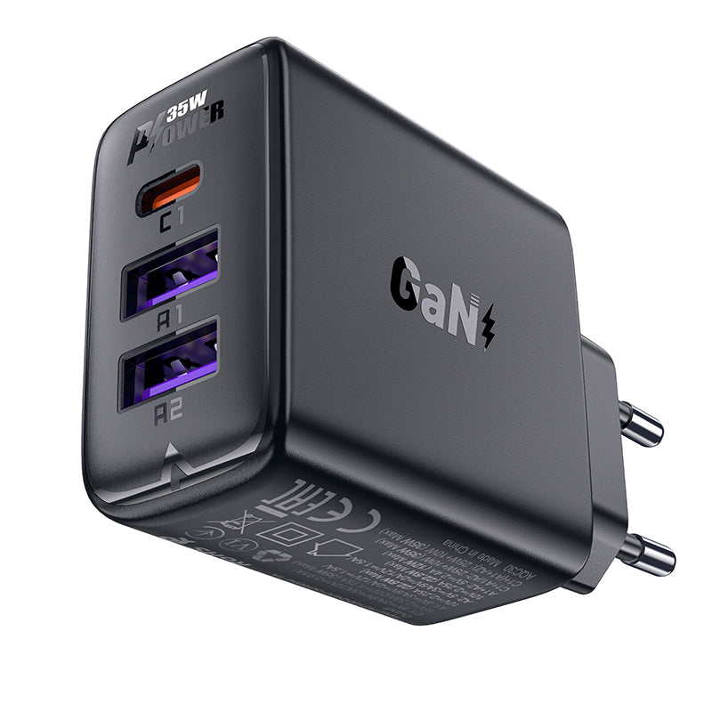 Acefast įkroviklis A57 PD 35W GaN 2 x USB-A + USB-C su 3 jungtimis - juodas