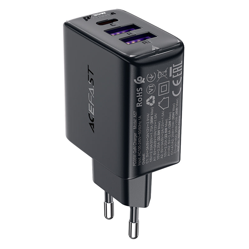 Acefast įkroviklis A57 PD 35W GaN 2 x USB-A + USB-C su 3 jungtimis - juodas