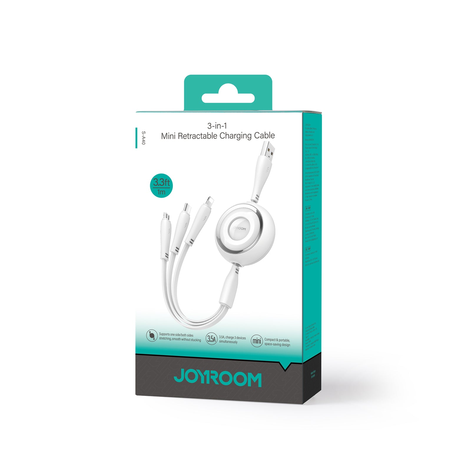 Joyroom Colorful Series S-A40 ištraukiamas 3in1 USB-A - USB-C / Lightning / Micro USB laidas 1m - baltas