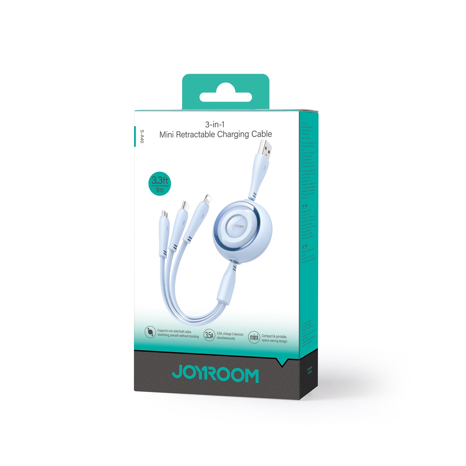 Joyroom Colorful Series S-A40 ištraukiamas 3in1 USB-A - USB-C / Lightning / Micro USB laidas 1m - mėlynas