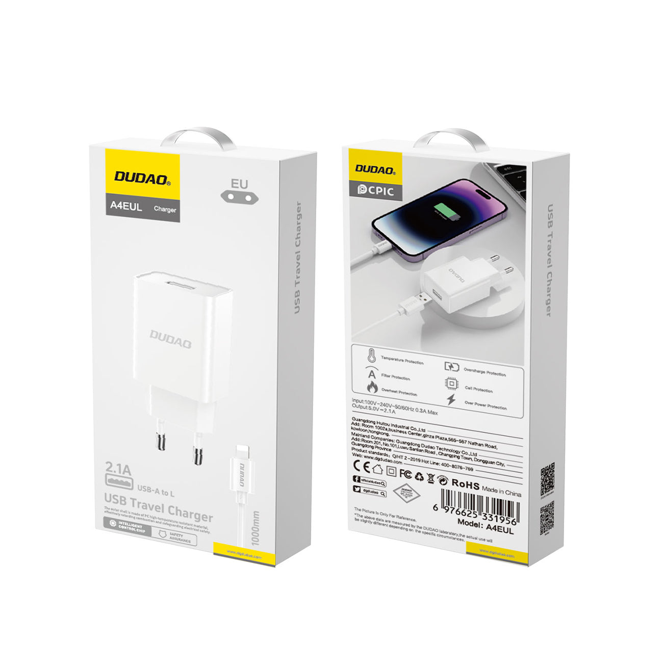 Dudao A4EU USB-A 2.1A sieninis įkroviklis - baltas + USB-A - Lightning laidas