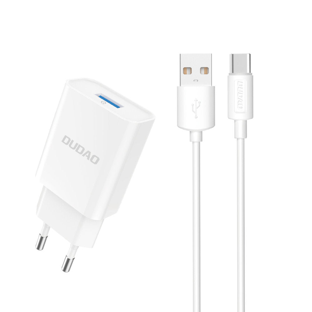 Dudao A4EU USB-A 2.1A sieninis įkroviklis - baltas + USB-A - USB-C laidas