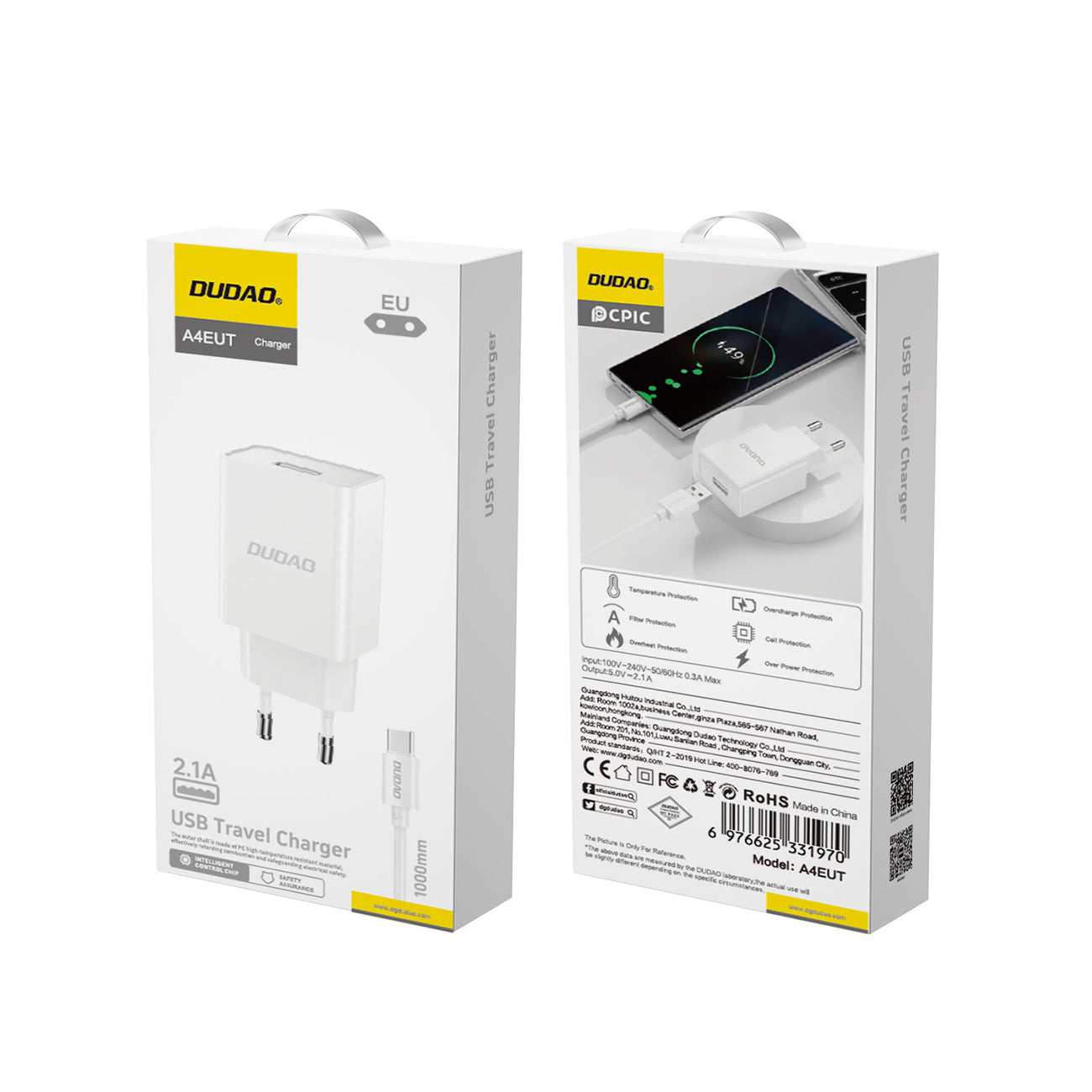 Dudao A4EU USB-A 2.1A sieninis įkroviklis - baltas + USB-A - USB-C laidas
