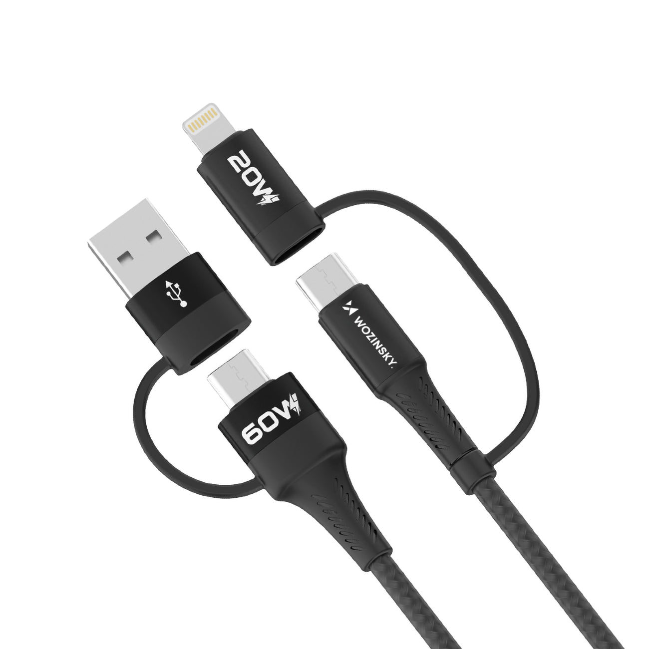 Wozinsky laidas WNBAA 4in1 2x USB-C 1x USB-A 1x Lightning 60W 1 m juodas