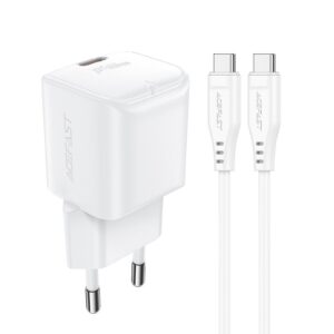 Acefast A77 Mini PD 30W GaN sieninis įkroviklis + USB-C laidas - baltas