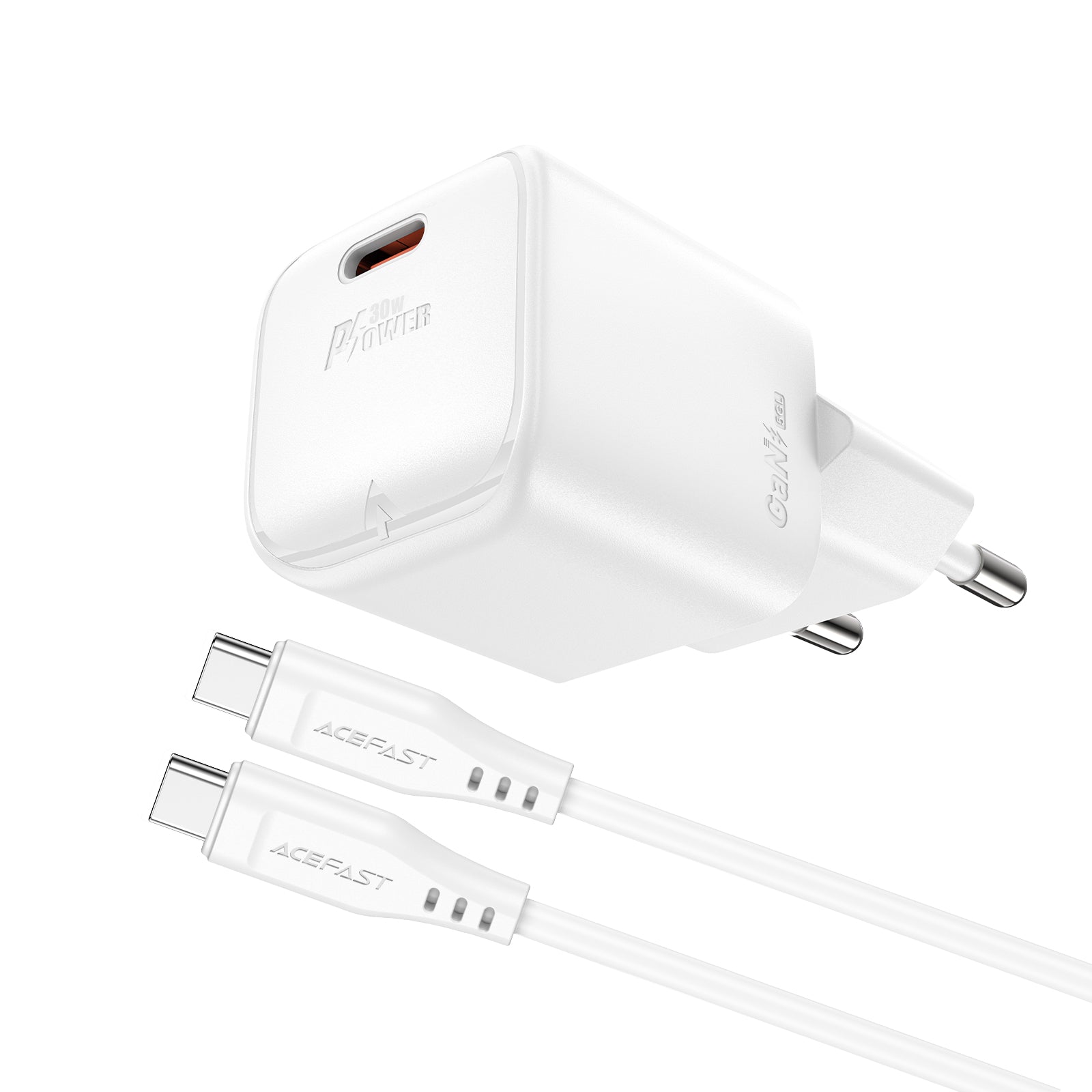 Acefast A77 Mini PD 30W GaN sieninis įkroviklis + USB-C laidas - baltas