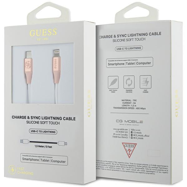 Guess Ebossed Logo USB-C / Lightning laidas 1.5m greitas įkrovimas - rožinis